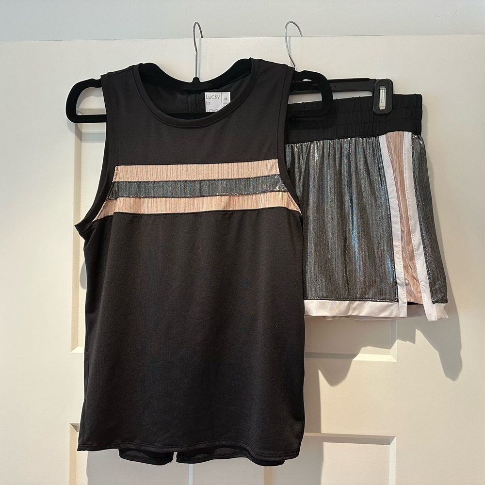 Pickleball or Tennis. Lucky in Love. Black and Silver Tank Top and Skirt Set